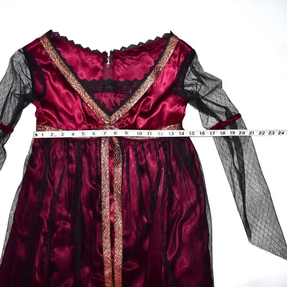 Ladies full length a line renaissance dress magenta satin and lace costume - Picture 4 of 8